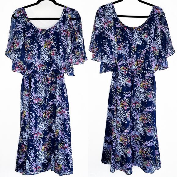 ModCloth Fiore Your Entertainment Flora Navy Blue Floral Cold Shoulder Dress Lg - Picture 2 of 16
